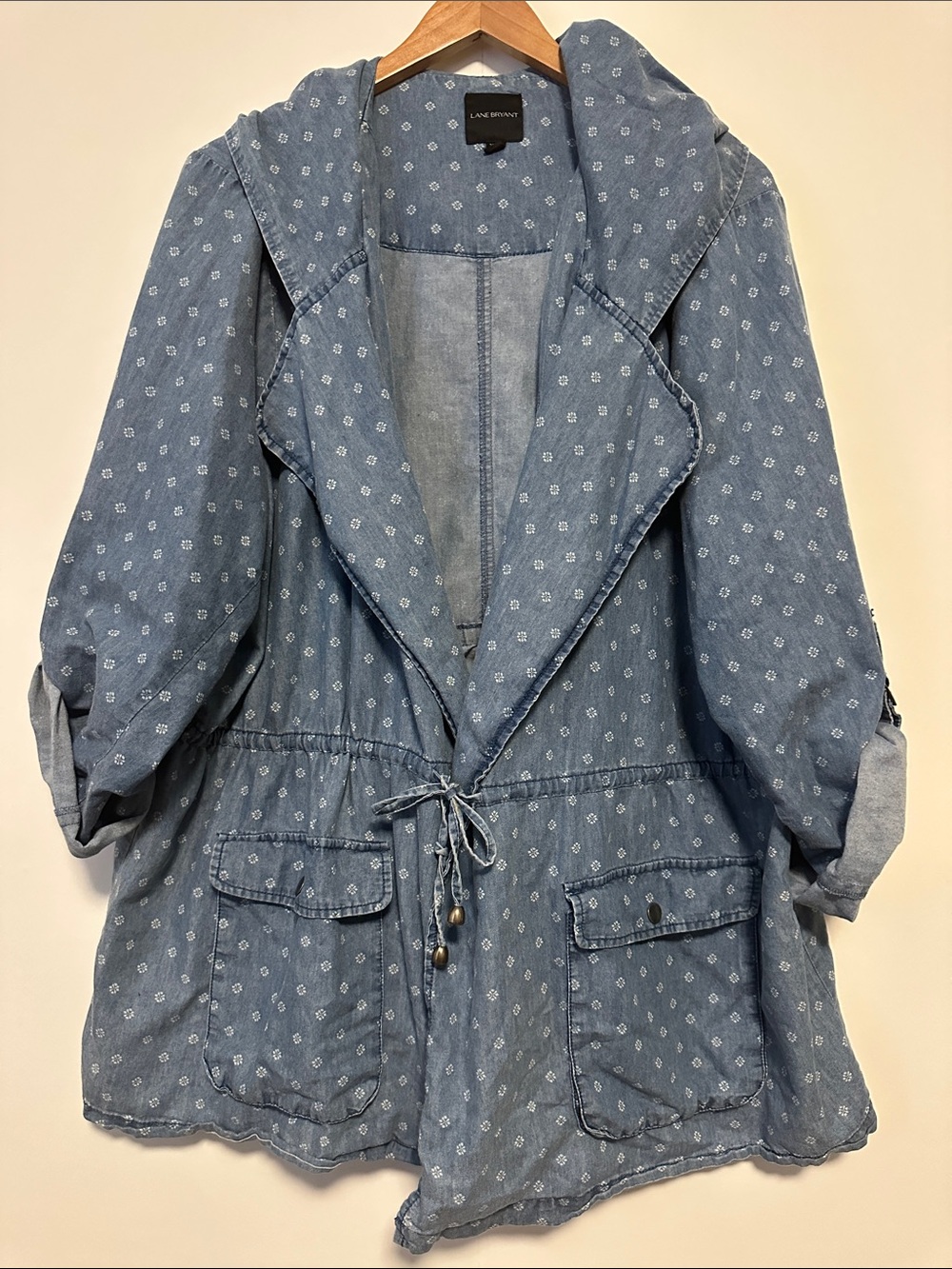 Lane Bryant Light Blue Printed Denim-Style Hooded Jacket
